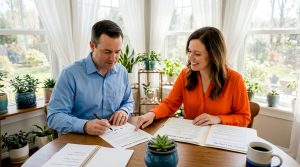 Couple reviewing land sale documents at kitchen table