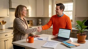 Buyer and seller handshake in home kitchen